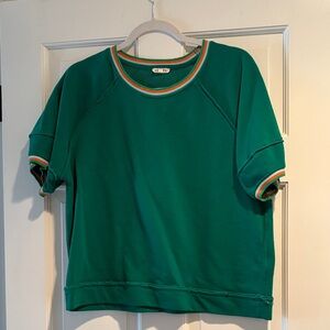 Green Short Sleeve Sweatshirt with Striped Trim